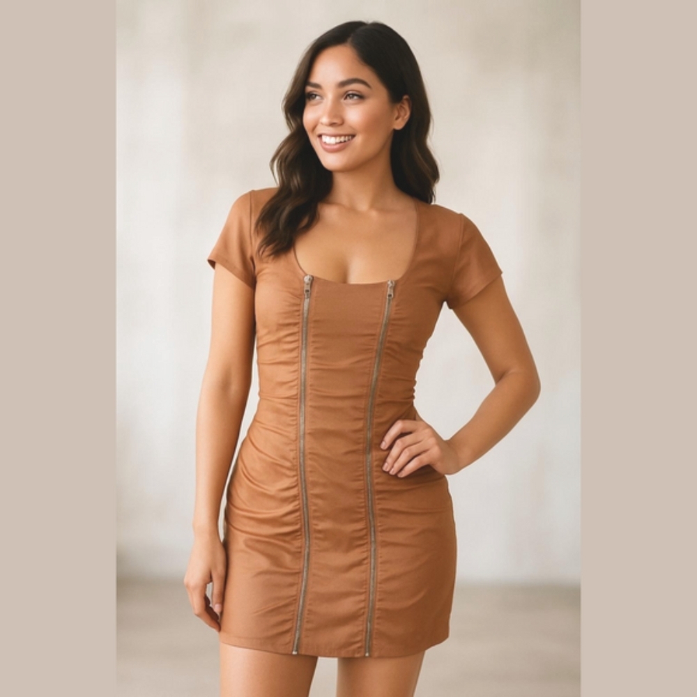 Anthropologie Silk Taupe Shift Dress with Double Zipper
